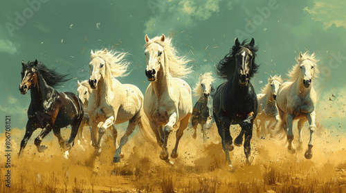 A dynamic image of a herd of horses galloping powerfully through a field, with dust rising beneath their hooves against a backdrop of a clear sky.