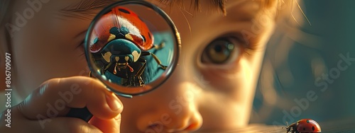 the child looks through a magnifying glass at the insect ladybug