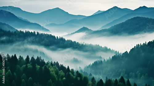 Beautiful Natural landscape background from forest in mountains with fog, green trees, plants, nature, Pine trees, Foggy atmosphere 