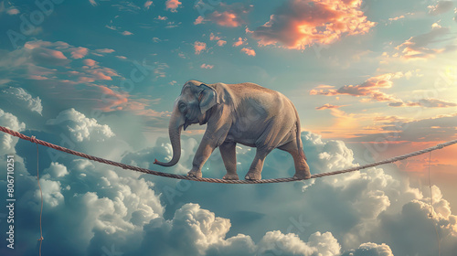 Elephant in the sky walking on the rope