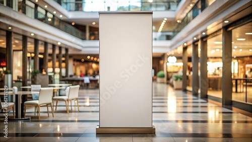Roll Up Mockup Poster Stand in Shopping Center Restaurant Mall Environment