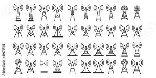 Wireless antenna tower icon. Antenna tower simple icons set. Collection of wireless, telecommunication antenna icons on white background. EPS 10