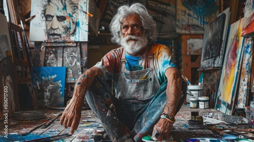 Senior Artist in Studio Surrounded by Artworks