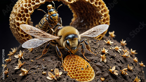 Ai image generate queen bee taking care of eggs