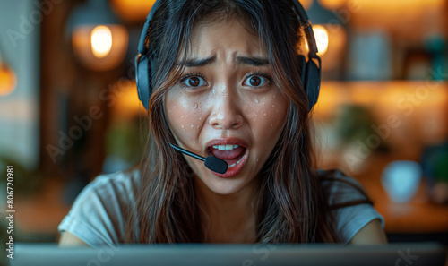 young asian woman as a call center operator, unhappy at work, angry and worried, underpaid and overstressed, social issues 
