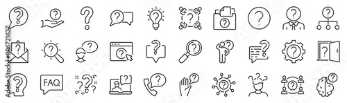 Set of 30 outline icons related to question. Linear icon collection. Editable stroke. Vector illustration