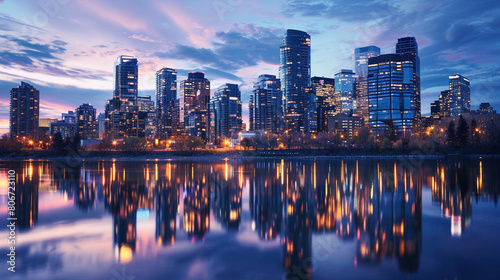 A stunning city skyline at dusk, with skyscrapers illuminated by the warm glow of streetlights and office windows, reflecting off the calm waters of a nearby river.
