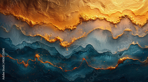 Abstract art with golden and blue textured waves resembling a dynamic ocean scene.