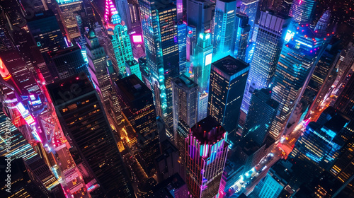 aerial perspective of a city skyline at night, with skyscrapers illuminated by colorful lights and neon signs, creating a dazzling display against the dark backdrop of the sky, showcasing the vibrant