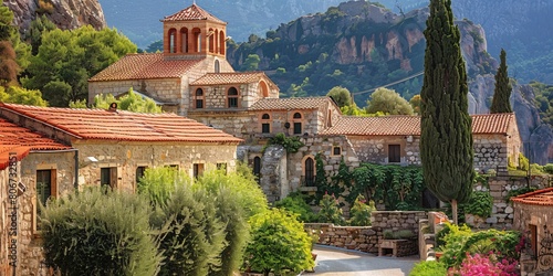 Medieval cloisters in a place resembling Crete or Greece.