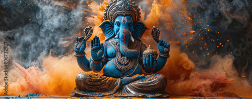 A vibrant depiction of the Hindu deity Ganesha with a dramatic orange and blue smoke background, symbolizing spirituality and power.