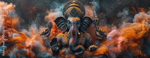 Vibrant artwork of Lord Ganesha with multiple arms, surrounded by colorful smoke and flames, symbolizing spiritual energy and power.