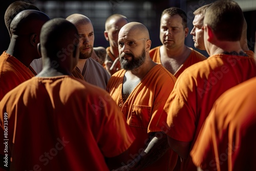 Group of men dressed as convicts in prison