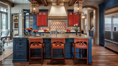 Navy blue kitchen island with rust red cabinets and rust red pendant lights.