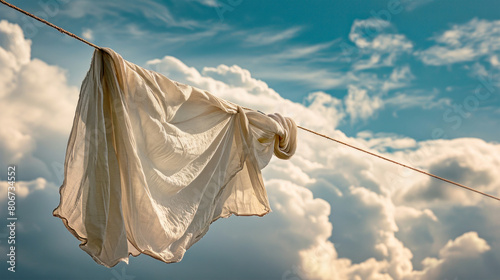 A piece of cloth gently sways as it hangs from a clothesline suspended in the sky, basking in the sunlight