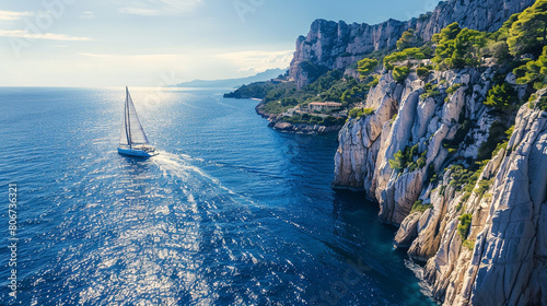 An elegant yacht gliding across the sparkling waters of the Mediterranean, framed by the picturesque coastline of the French Riviera, with rugged cliffs and charming seaside villages adding