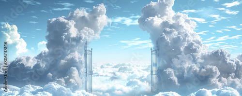 Fantasy landscape with towering structures rising above clouds under a blue sky.