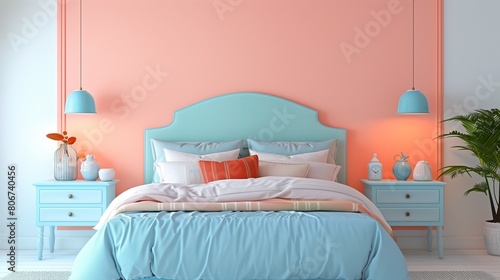 Peach accent wall behind a sky blue bed with sky blue nightstands.