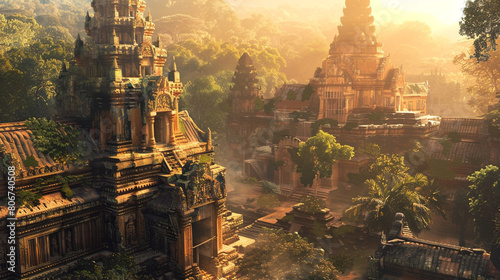 ancient temple complex bathed in golden sunlight, showcasing intricate architectural details and surrounded by lush greenery, offering a glimpse into the rich cultural heritage of a bygone era.