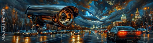 A CCTV camera watches over chaotic night traffic, its lens sharply focused against a blurred cityscape