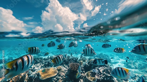 underwater view of a coral reef with many colorful fish swimming in blue clear water. scuba diving. snorkeling. summer rest