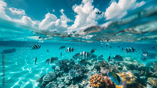 underwater view of a coral reef with many colorful fish swimming in blue clear water. scuba diving. snorkeling. summer rest