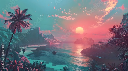 tropical island in the sea at sunset