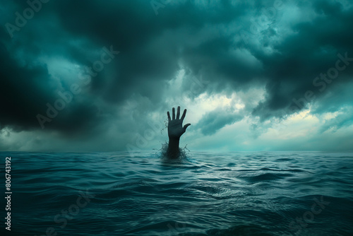 Hand rise from water of the sea at storm as drown illustration