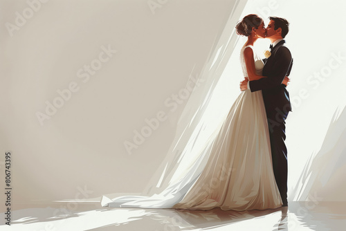 Romantic Wedding Illustration of Bride and Groom Kissing.