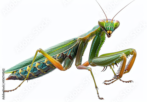 A vibrant and detailed close-up of a green praying mantis on a white background, showcasing its intricate body structure and striking eyes.
