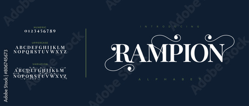 Rampion elegant font alphabet uppercase lowercase and number. Classic lettering minimal fashion designs. Typography modern serif fonts regular decorative vintage concept. Vector illustration