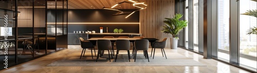 Contemporary office featuring a large black dining table, suitable for team discussions and lunch breaks, enhancing productivity