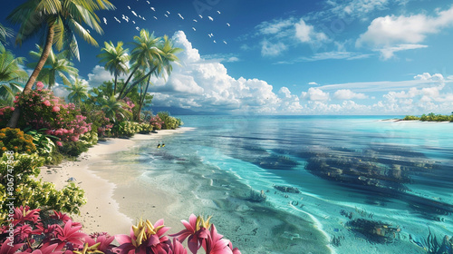 A panoramic view of a tropical island paradise, with pristine white sandy beaches, swaying palm trees, and crystal-clear waters teeming with colorful coral reefs and marine life.