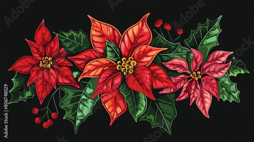 Colorful poinsettia flower plant embroidery in black
