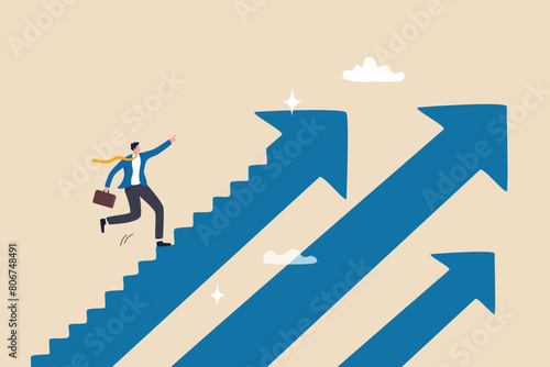 Step to success, improvement, challenge or career growth development, leadership progress, career path direction or stairway to win business concept, businessman walk up arrow stair for victory.