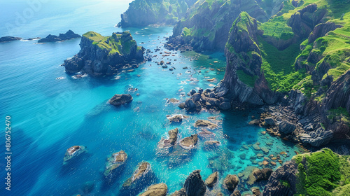 A picturesque coastal landscape featuring rugged cliffs and rocky outcrops overlooking the sparkling turquoise waters of the sea, with patches of lush greenery clinging to the cliffsides.