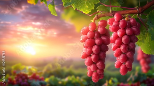  A vine bearing ripe grapes against a sunset backdrop, with a foreground of blooming flowers