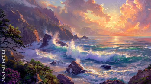 A picturesque coastal view with rugged cliffs overlooking the ocean, crashing waves against the rocky shore, and a colorful sunset painting the sky with shades of orange, pink, and purple.