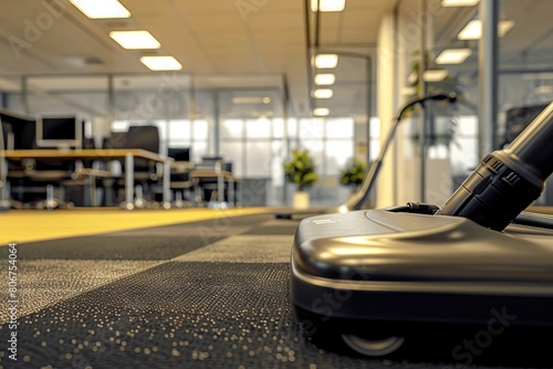 A vacuum cleaner on the floor of an office.