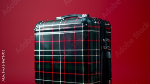A suitcase with plaid pattern on it.