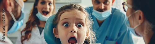 Pediatric dentist making silly faces to calm anxious child patient undergoing first tooth filling procedure with parents present