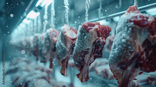 Close-up of frozen meat hanging on hooks in a refrigerated storage room, illustrating the process of aging and preserving meat quality.