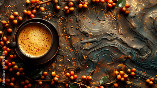 Coffee cup and sea buckthorn berries on abstract background