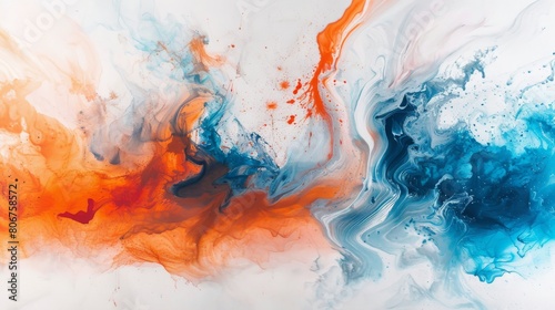This captivating abstract painting showcases a harmonious blend of vibrant orange, soothing blue, and crisp white hues. The artist's skillful brushstrokes create a dynamic composition that evokes a se