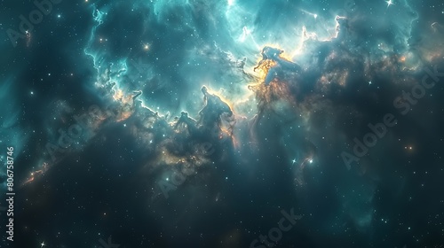 A panoramic view of a galaxy, featuring a dramatic night sky in dark blue-green with scattered starbursts and a nebulous glow, offering a window into the cosmos.