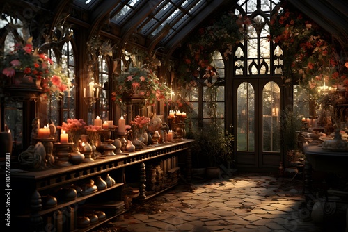 Interior of a gothic house with flowers and candles.