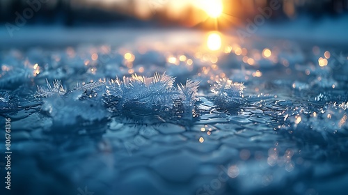 A high-resolution image of an icy surface, shimmering under a weak winter sun, capturing the intricate patterns of frost and the reflective quality of the ice.