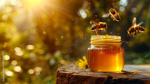 Bees flying around a jar of honey.
