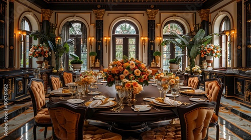 A majestic dining hall set for a royal feast, with table settings featuring velvety topaz tablecloths and golden accents, creating an atmosphere of unrivaled elegance and luxury.