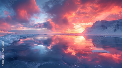 A panoramic scene of an arctic expanse, where the ground is covered in a thin layer of ice, reflecting the aurora borealis in a surreal display of colors and lights.